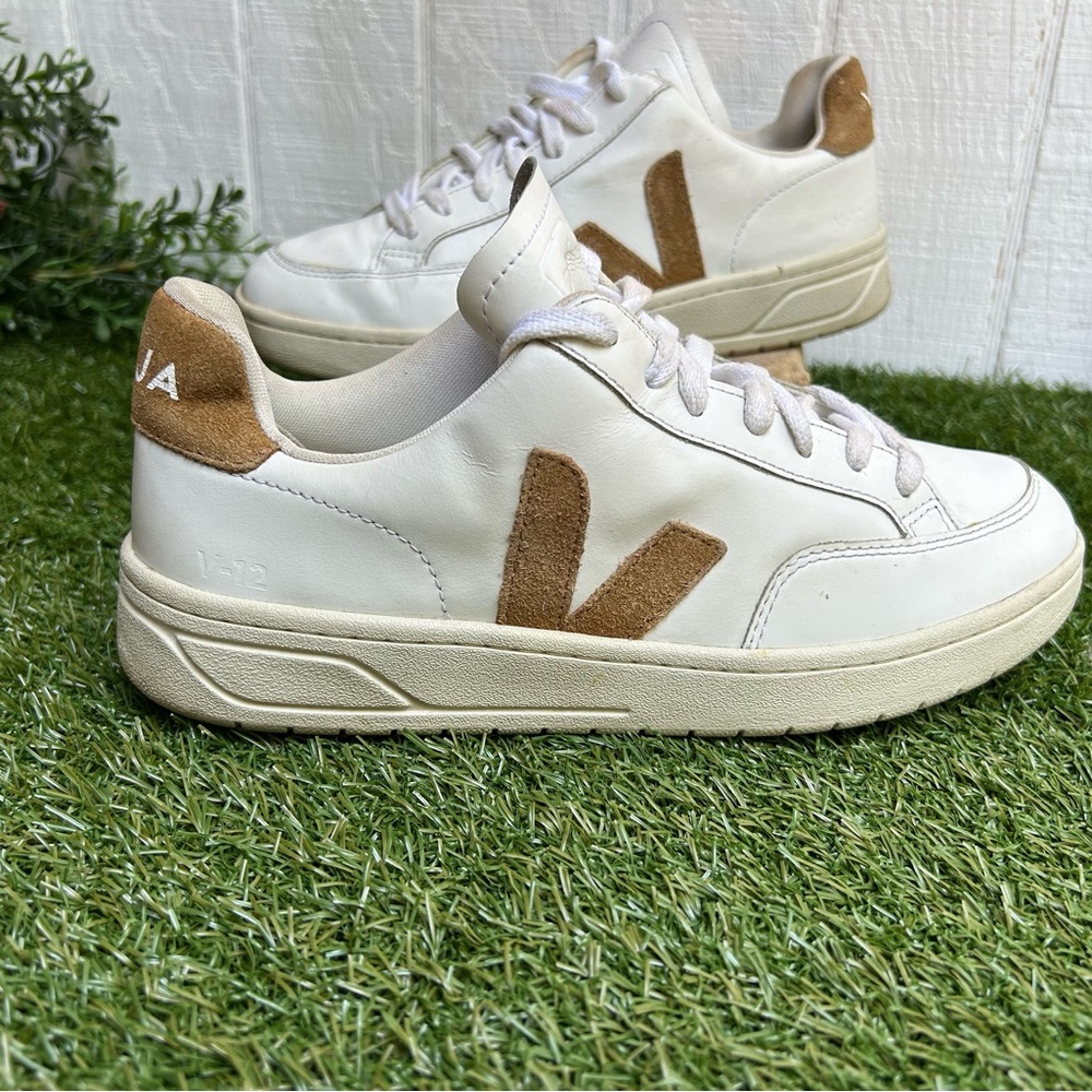 VEJA V 90 SNEAKERS IN WHITE AND CAMEL LEATHER women size 8 - Picture 14 of 16
